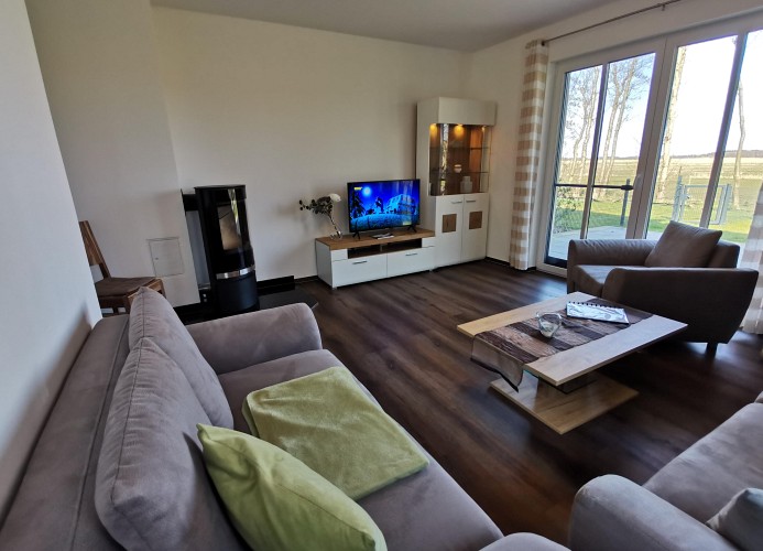 Wohnzimmer mit Kamin und SAT-TV