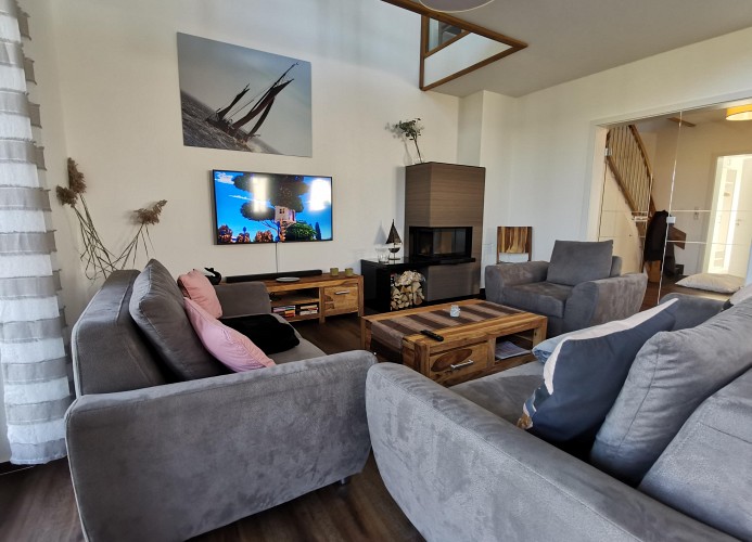 Wohnbereich mit Kamin und SAT-TV